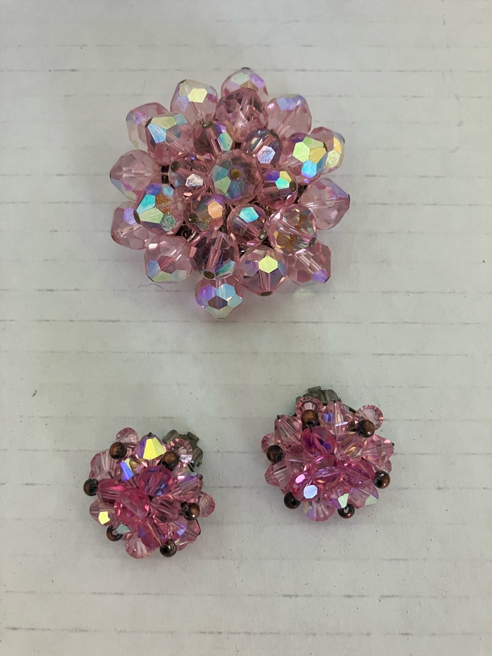 Vintage Pink Bead Brooch (2”)‎ and Clip-On Earrings (1”) Set Iridescent Sparkle